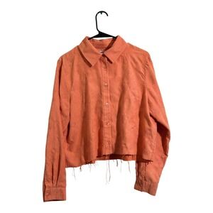 Drapers & Damons Coral Floral Embroidered Faux Suede Raw Hem Button-Up Top Large